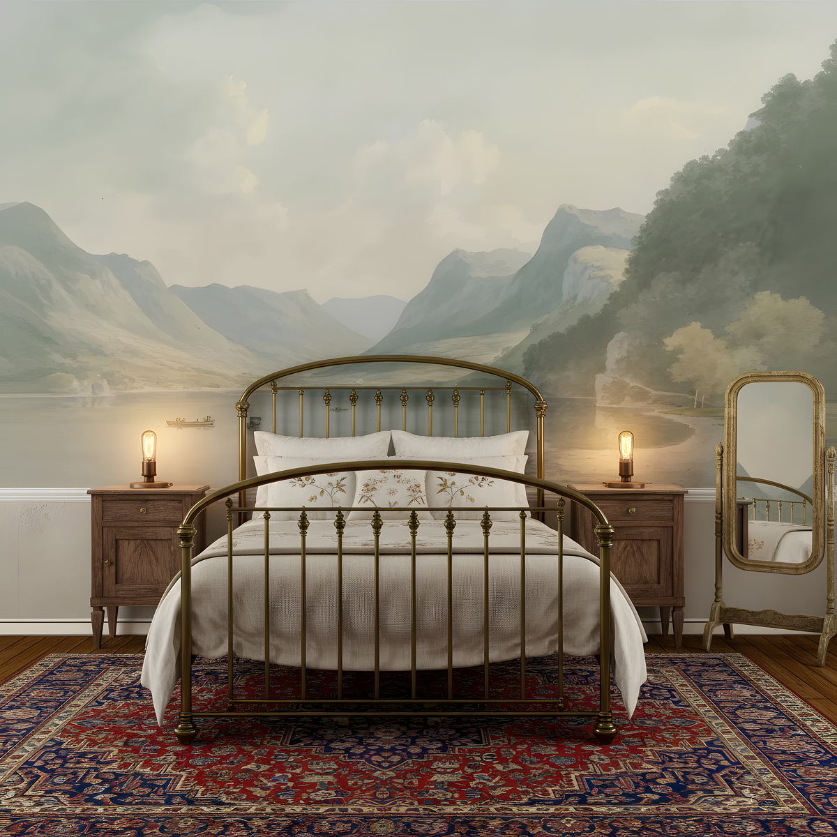 Bedroom with a large bed, nightstands, and a mirror against a scenic wall mural.