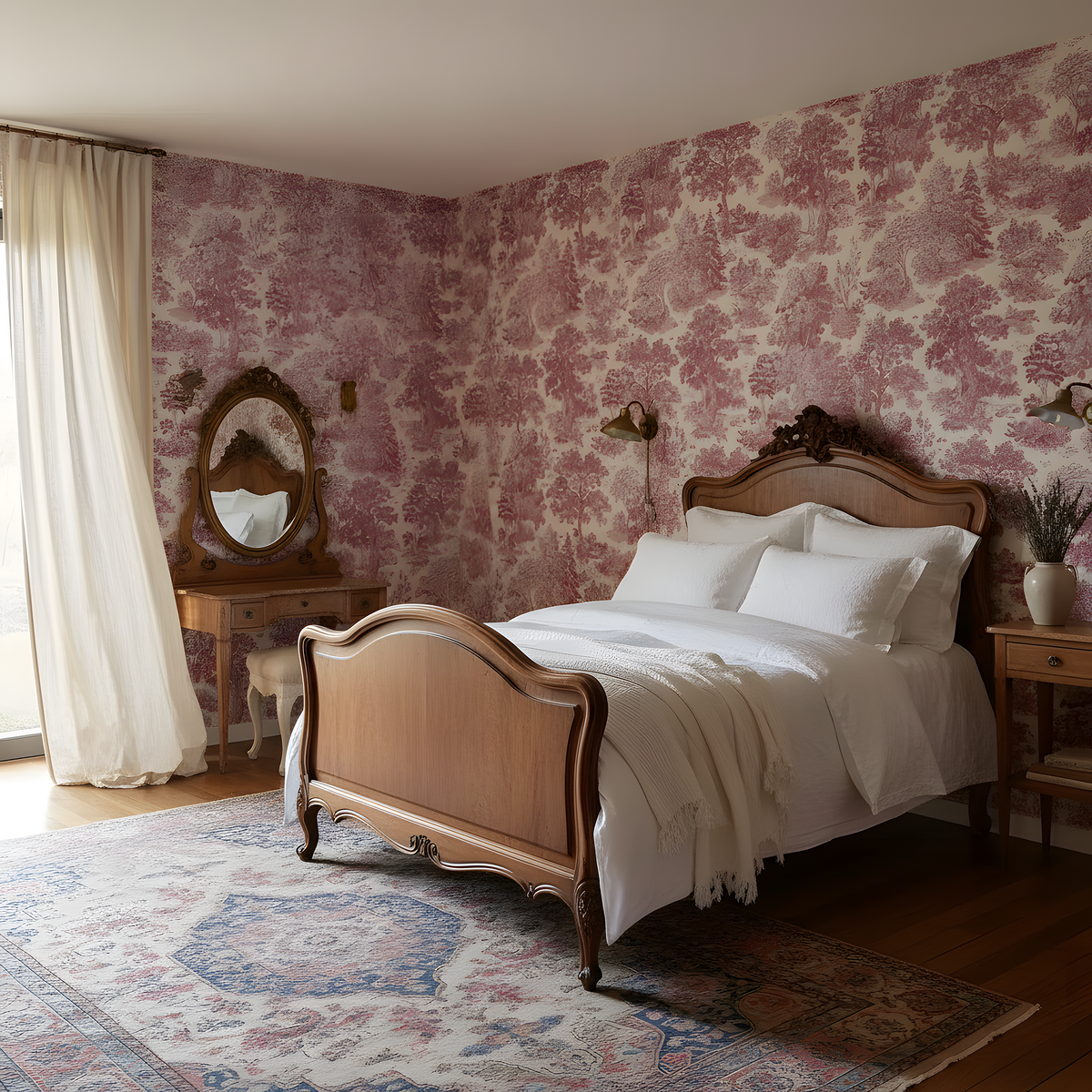 Vintage bedroom with floral wallpaper, wooden bed, and decorative elements.