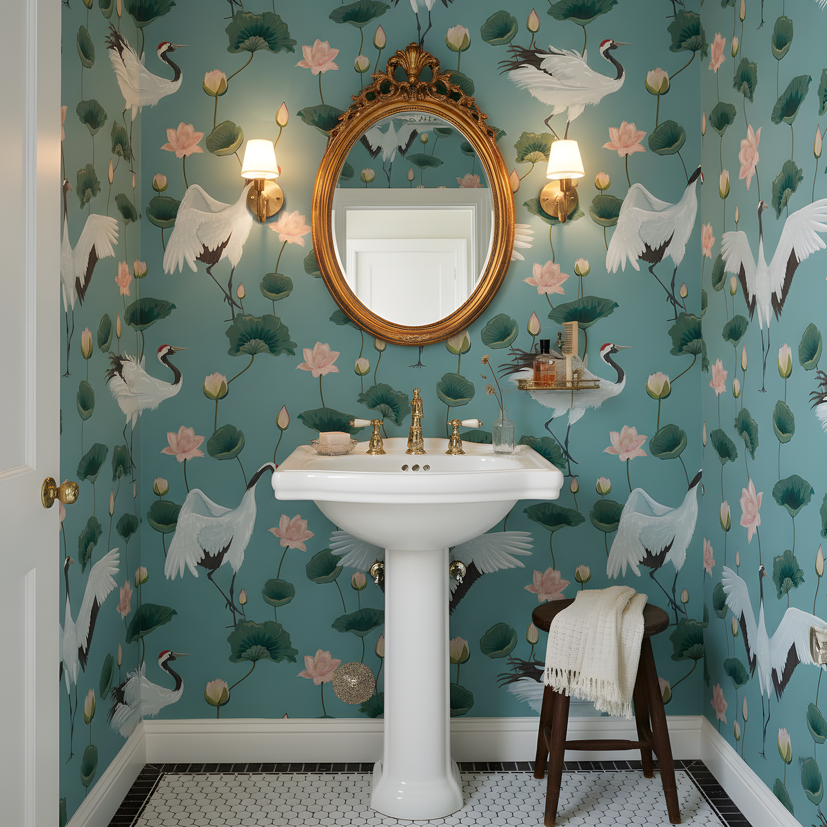 Bathroom with decorative wallpaper featuring birds and flowers, a white pedestal sink, and a wooden stool.