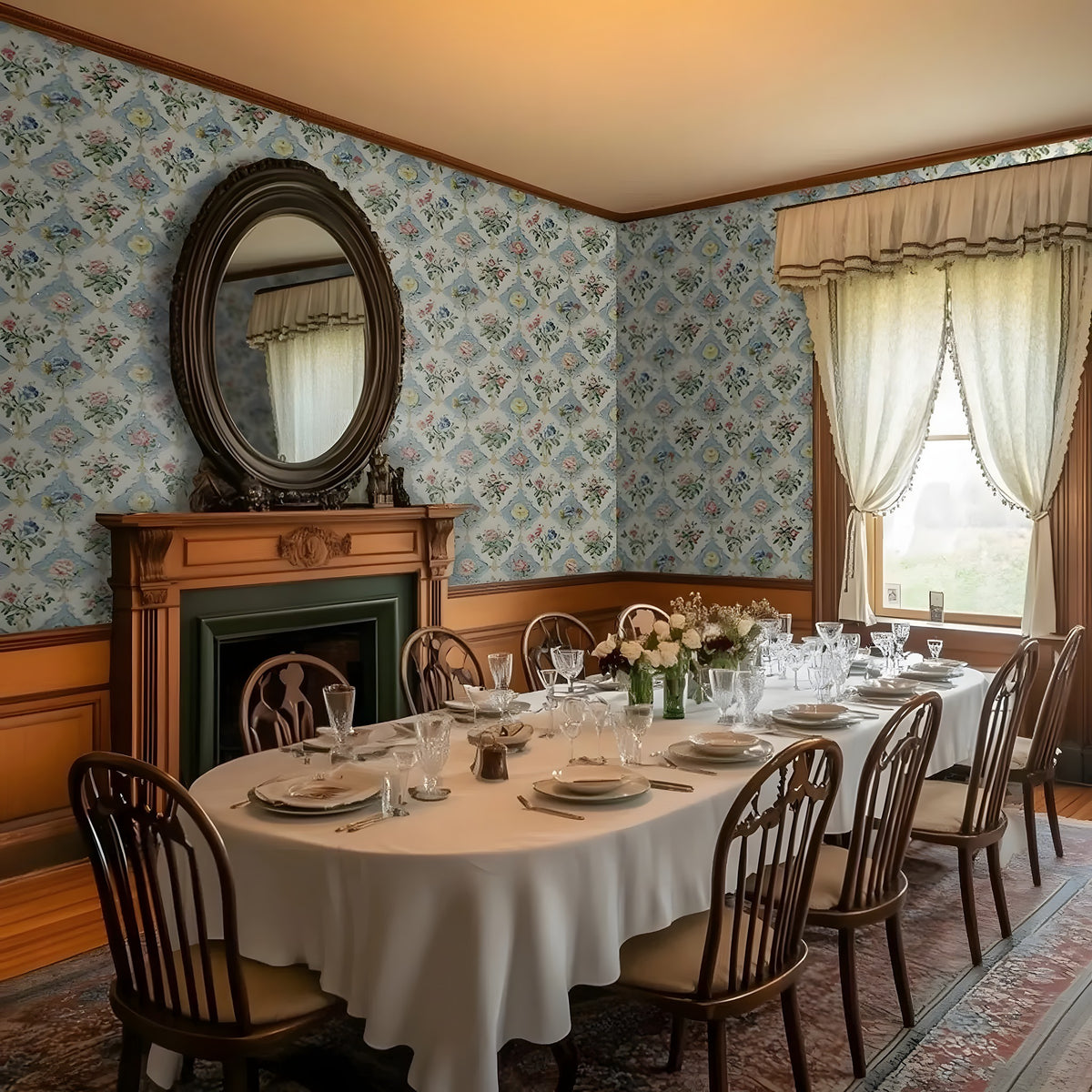Dining room with floral wallpaper, wooden furniture, and a round table set for dinner.