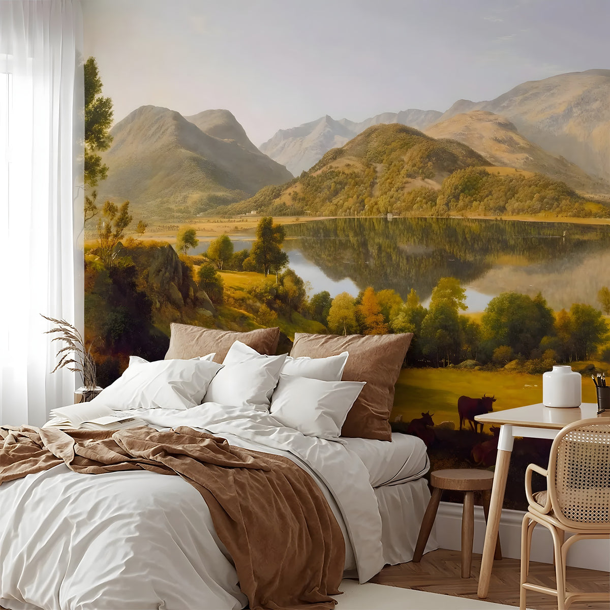 Bedroom with a large mural of a mountain landscape on the wall.