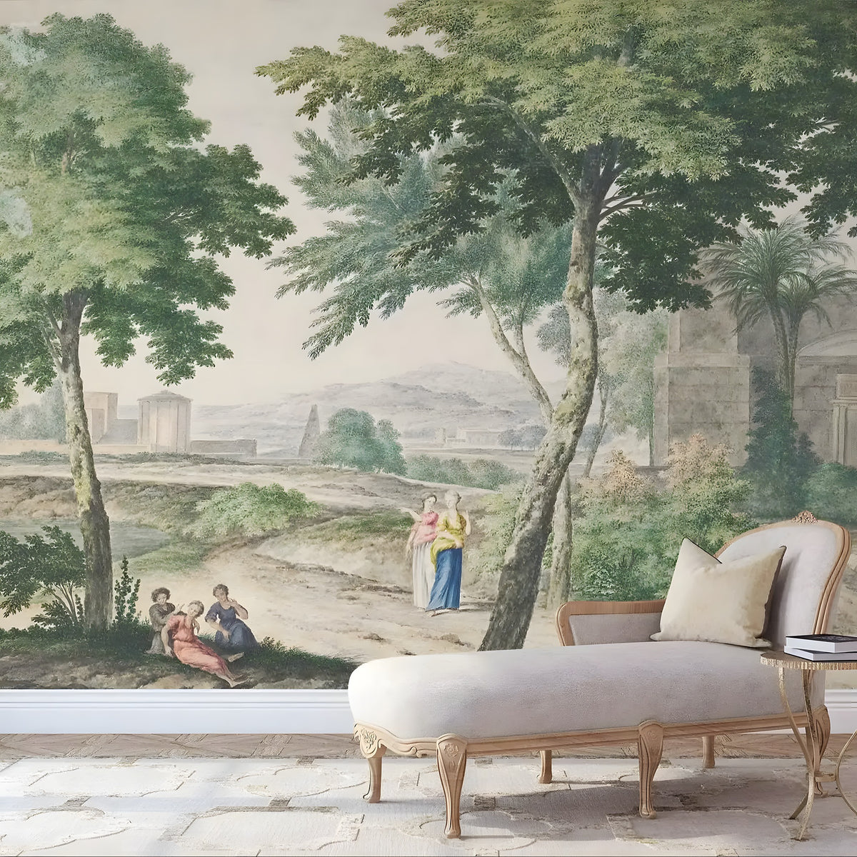Decorative wall mural with classical landscape and people, paired with a beige sofa.