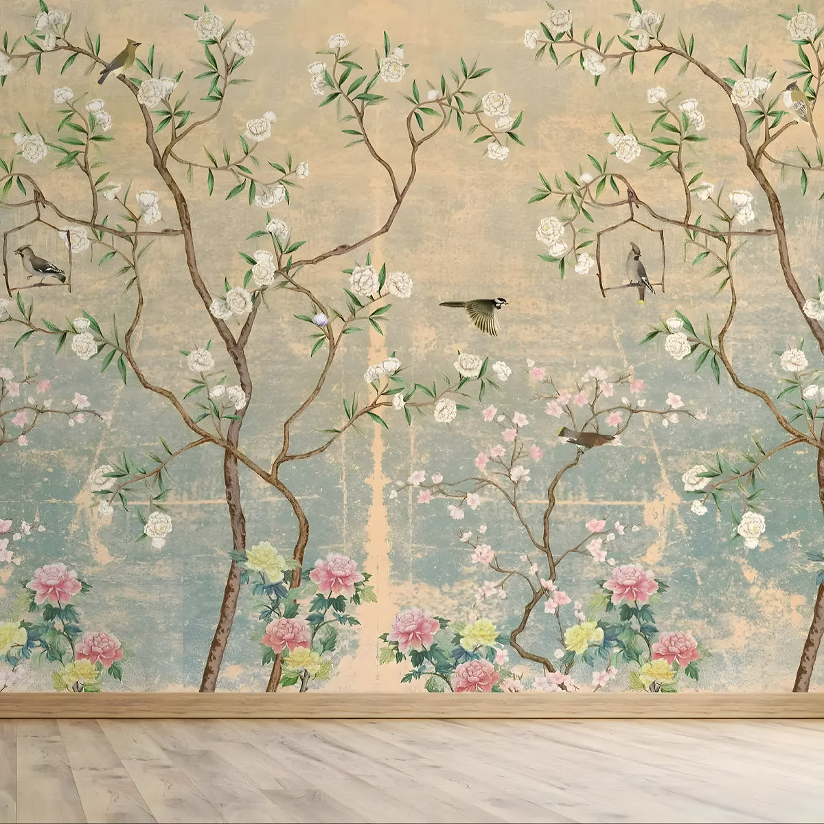 Decorative wallpaper with floral and bird designs on a textured wall.