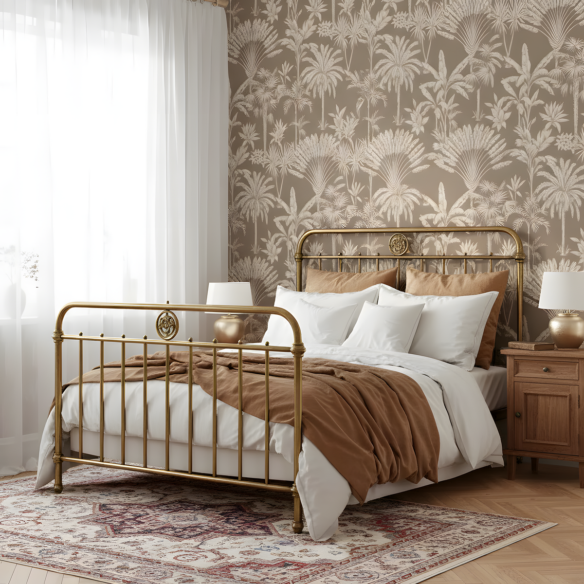 Bedroom with gold metal bed frame, white bedding, and floral wallpaper.