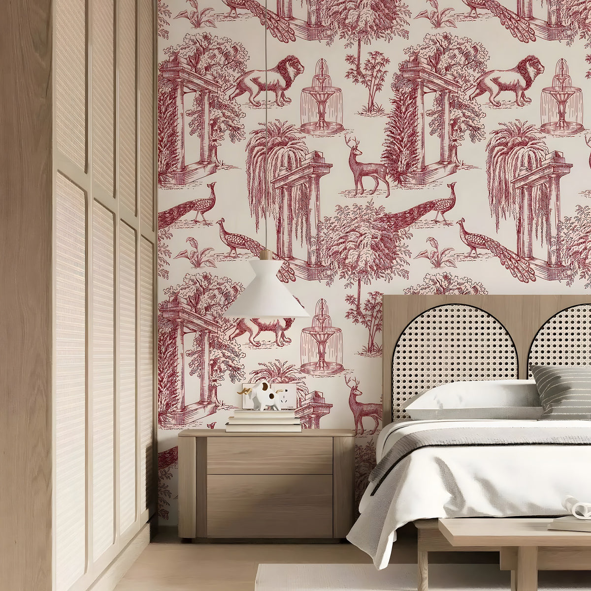 A styled bedroom corner featuring a wall covered in a pink and beige toile-style wallpaper with illustrated lions, peacocks, and classical scenes. A light wood bed with a woven headboard, a matching nightstand, and a white lamp are arranged against the wall.
