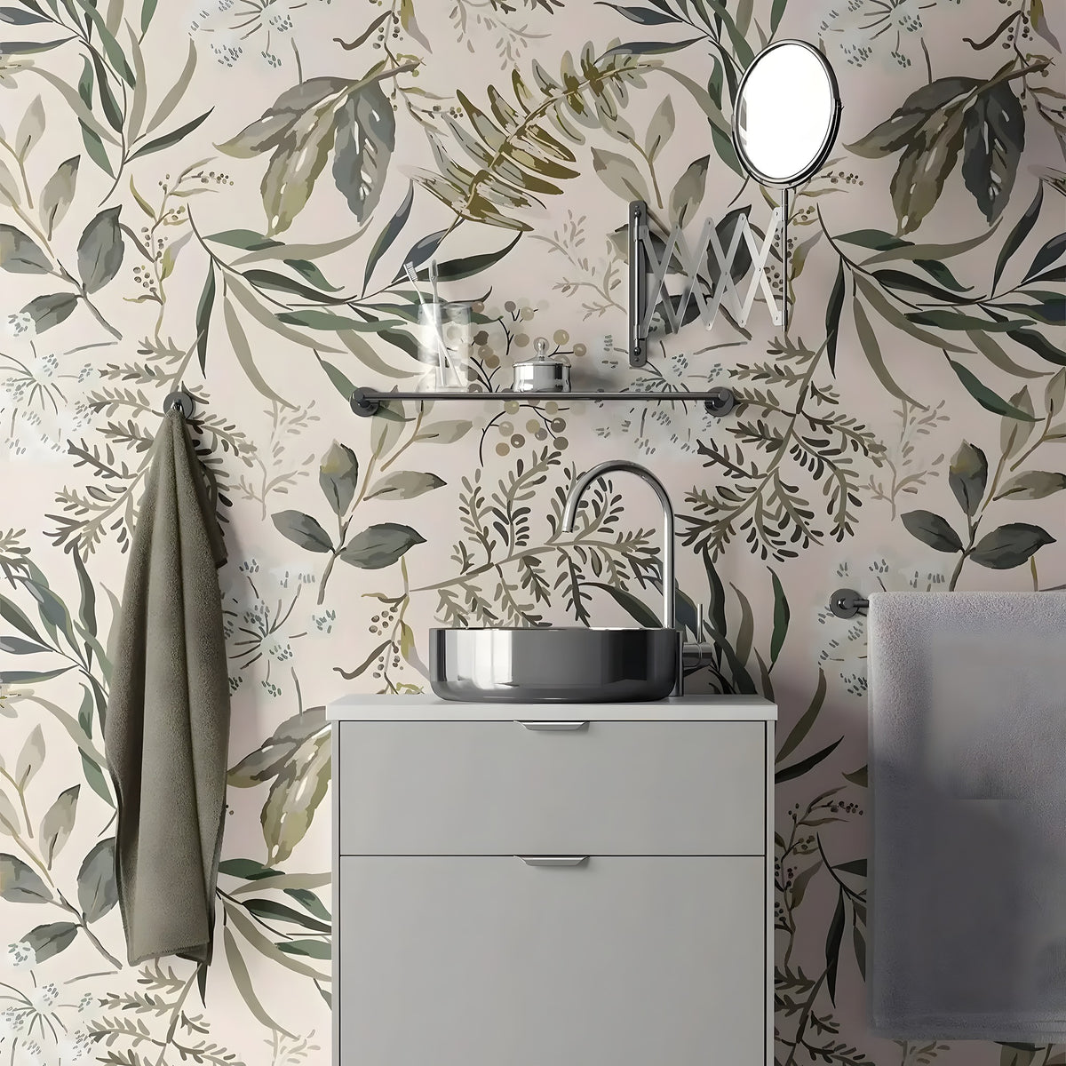 Bathroom with floral wallpaper, sink, and towel