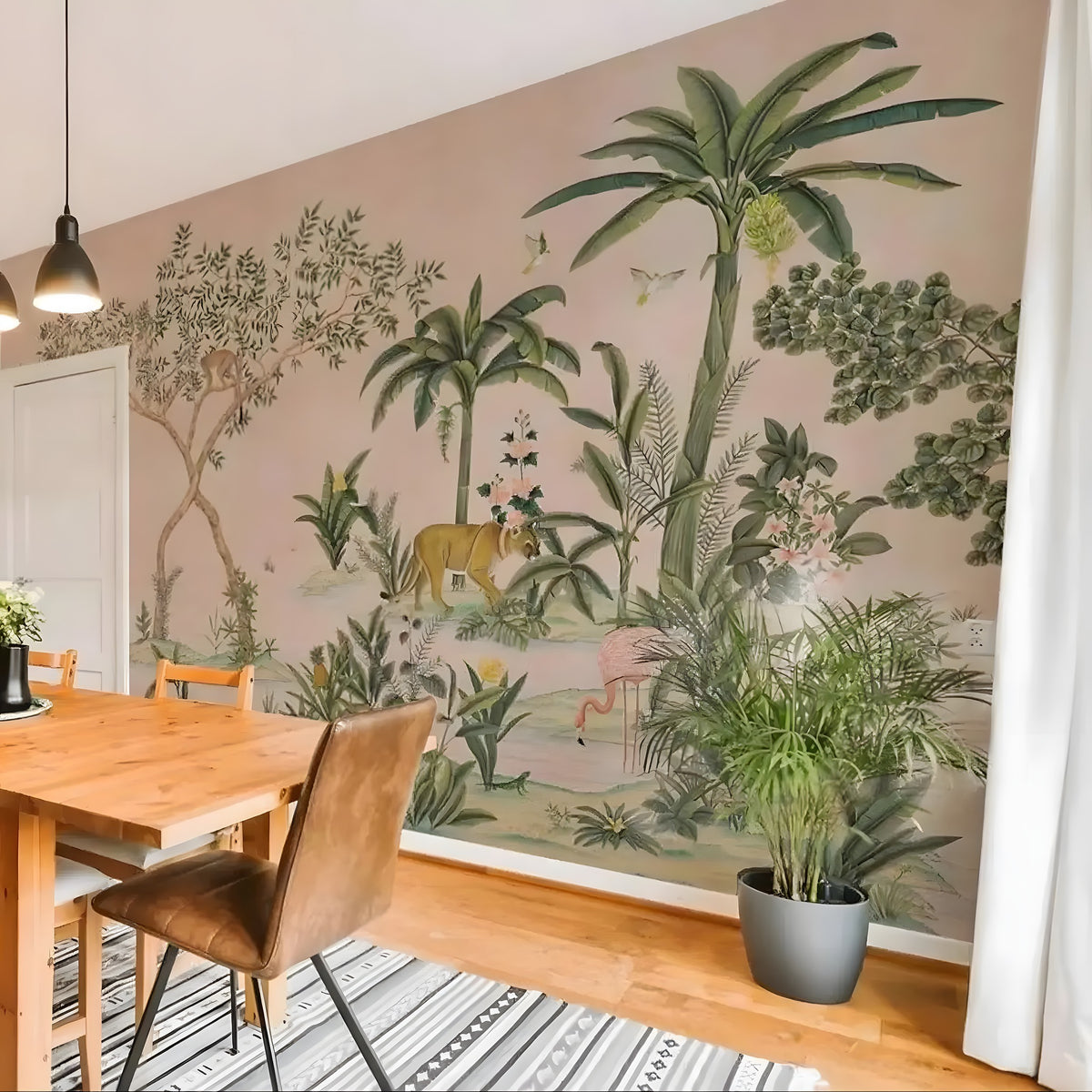 Dining room with a wall featuring a tropical mural of palm trees and animals.
