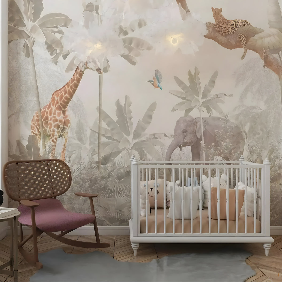 Nursery room with a crib, chair, and wall mural of animals