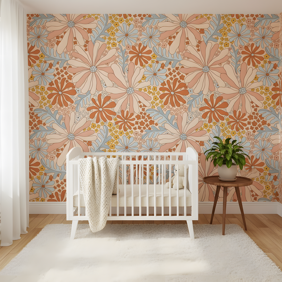 Nursery room with floral wallpaper, white crib, and small table with plant.