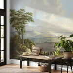 Living room with a large wall mural of a landscape, wooden bench, and decorative items.