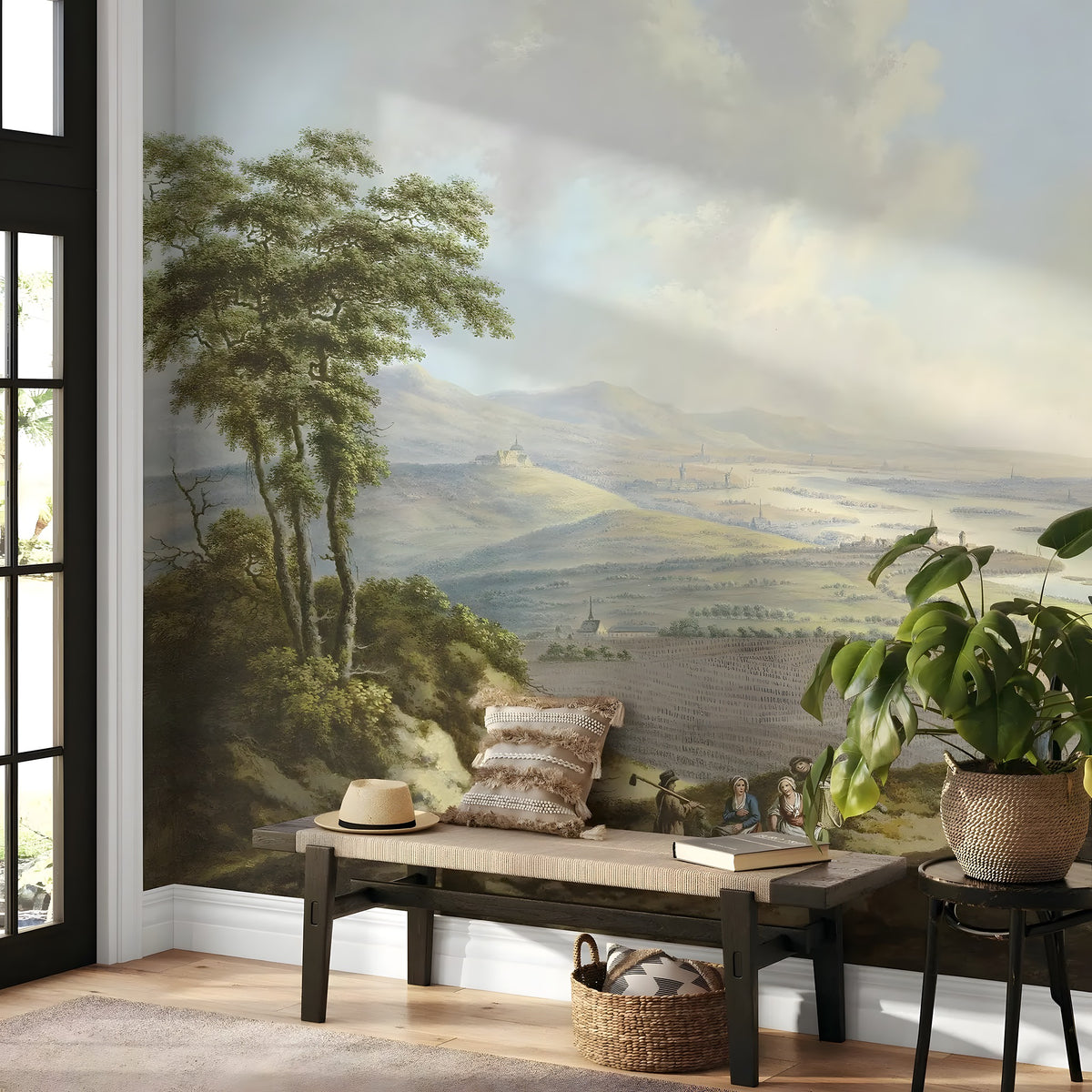 Living room with a large wall mural of a landscape, wooden bench, and decorative items.