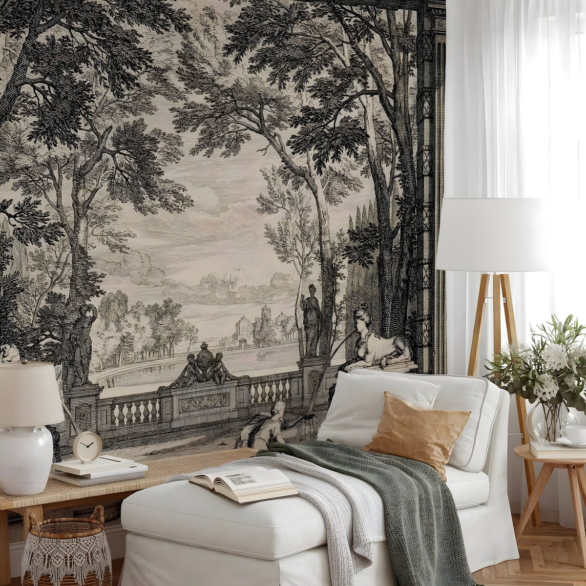 Living room with classical landscape wallpaper, white sofa, and decorative items.