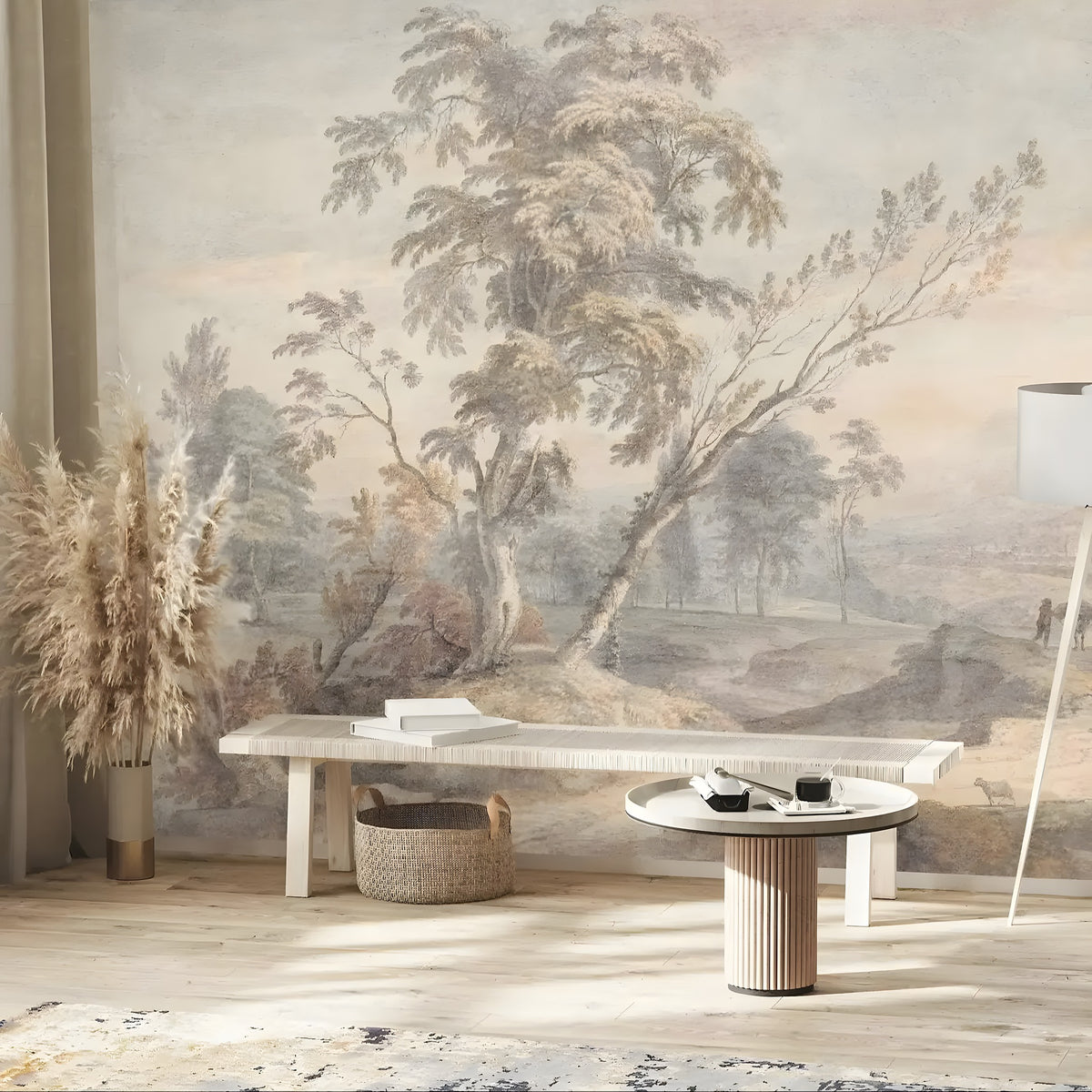 Living room with a large wall mural of a landscape, a coffee table, and decorative items.