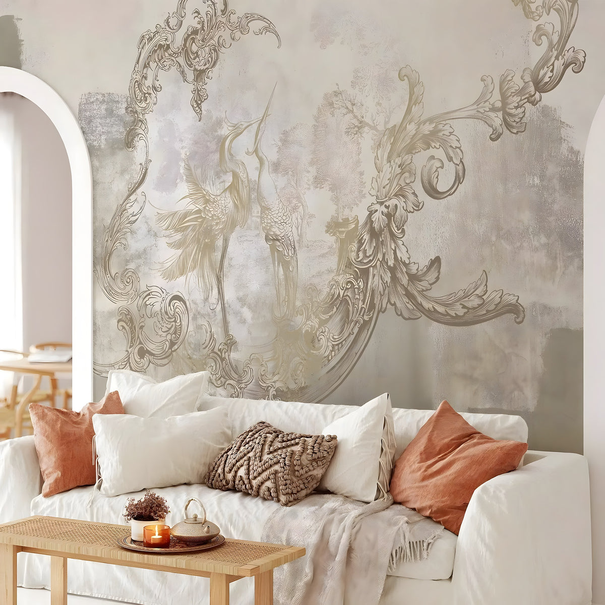 Living room with decorative wall mural and white sofa with pillows