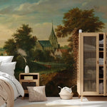 Room interior with a large mural of a landscape with trees and buildings, a bed, and wooden furniture.