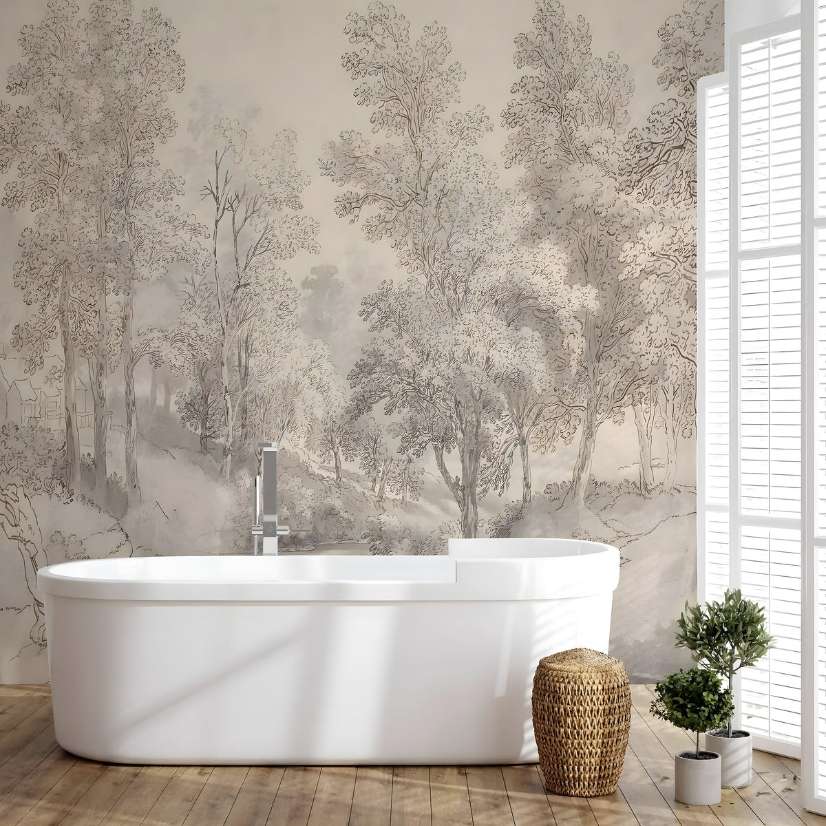 Bathroom with a freestanding bathtub against a wall with forest mural