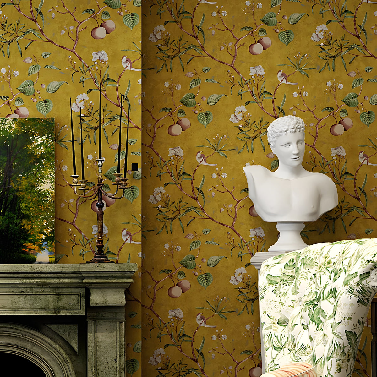 Decorative interior with floral wallpaper, white bust, and green floral chair.