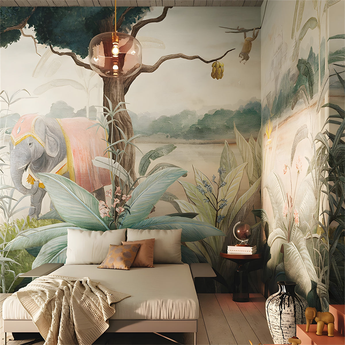 Room with jungle-themed wallpaper featuring elephants and foliage