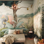 Room with jungle-themed wallpaper featuring elephants and foliage