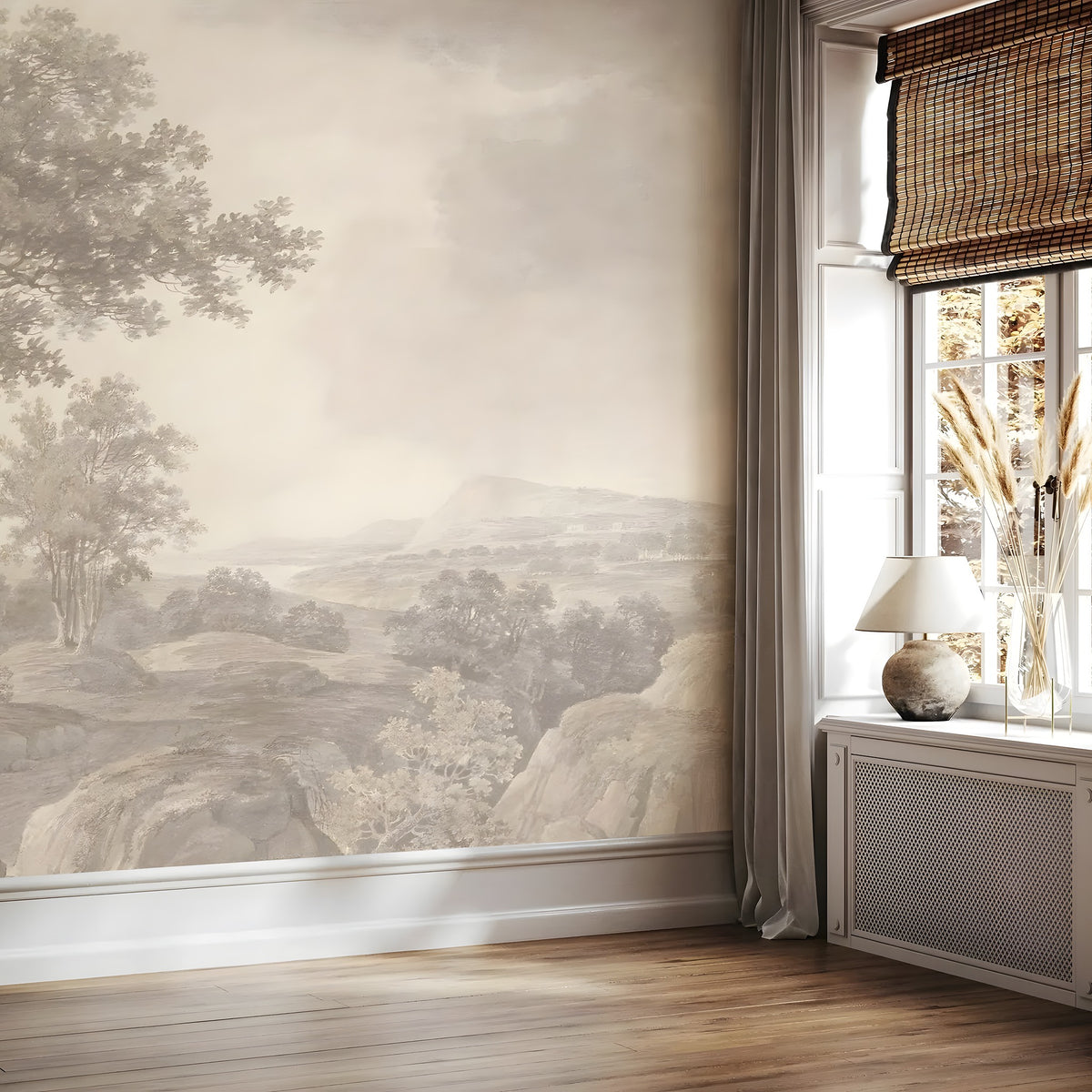 Room interior with landscape wallpaper and a window with a lamp and decorative items.