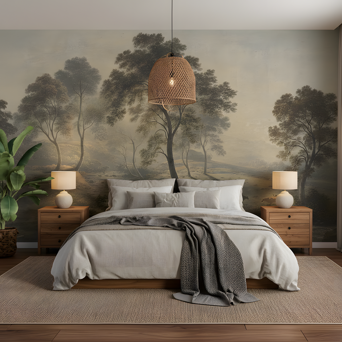 Bedroom with forest mural wallpaper, wooden nightstands, and lamps.
