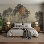 Bedroom with forest mural wallpaper, wooden nightstands, and lamps.