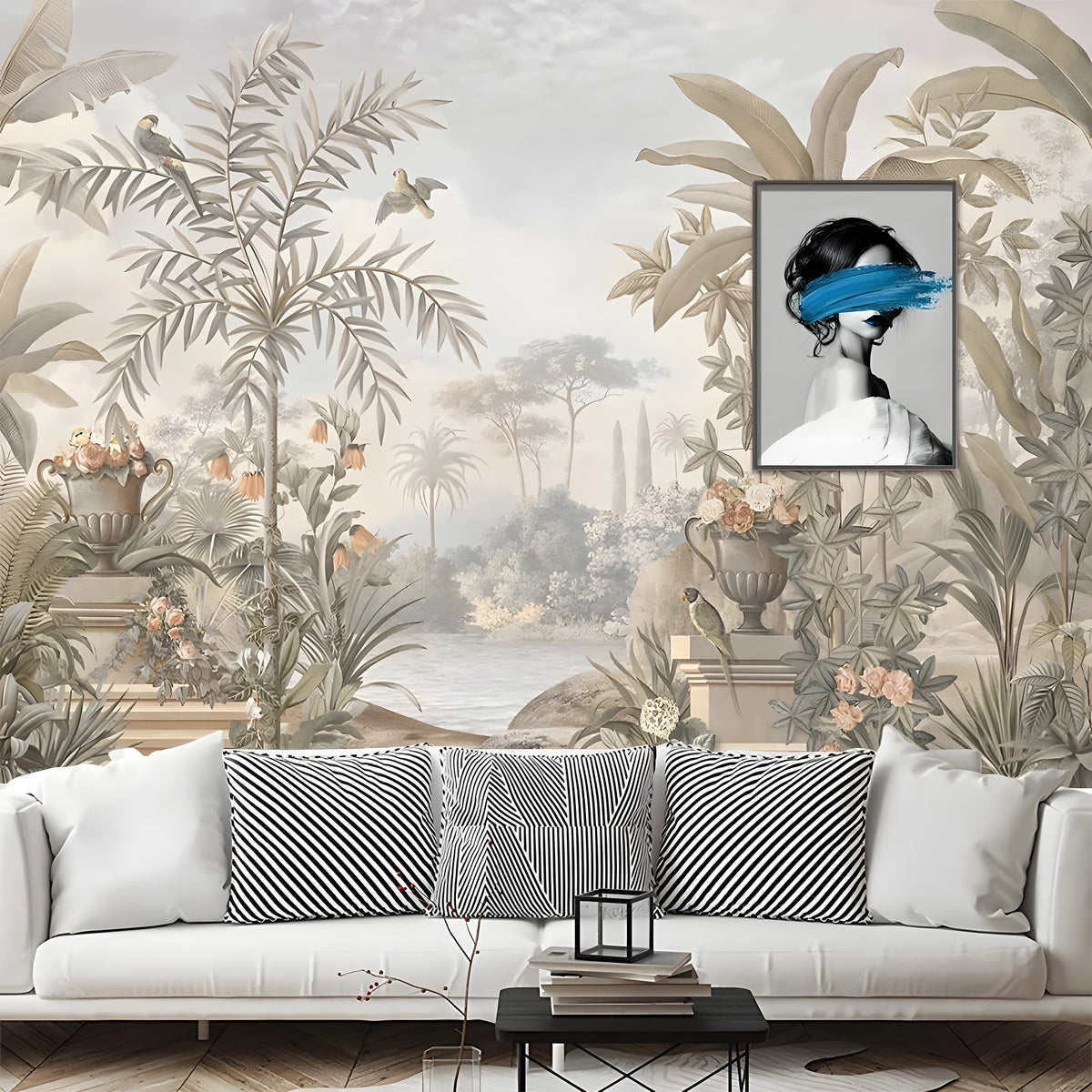 Living room with decorative wall mural, sofa, and framed artwork.