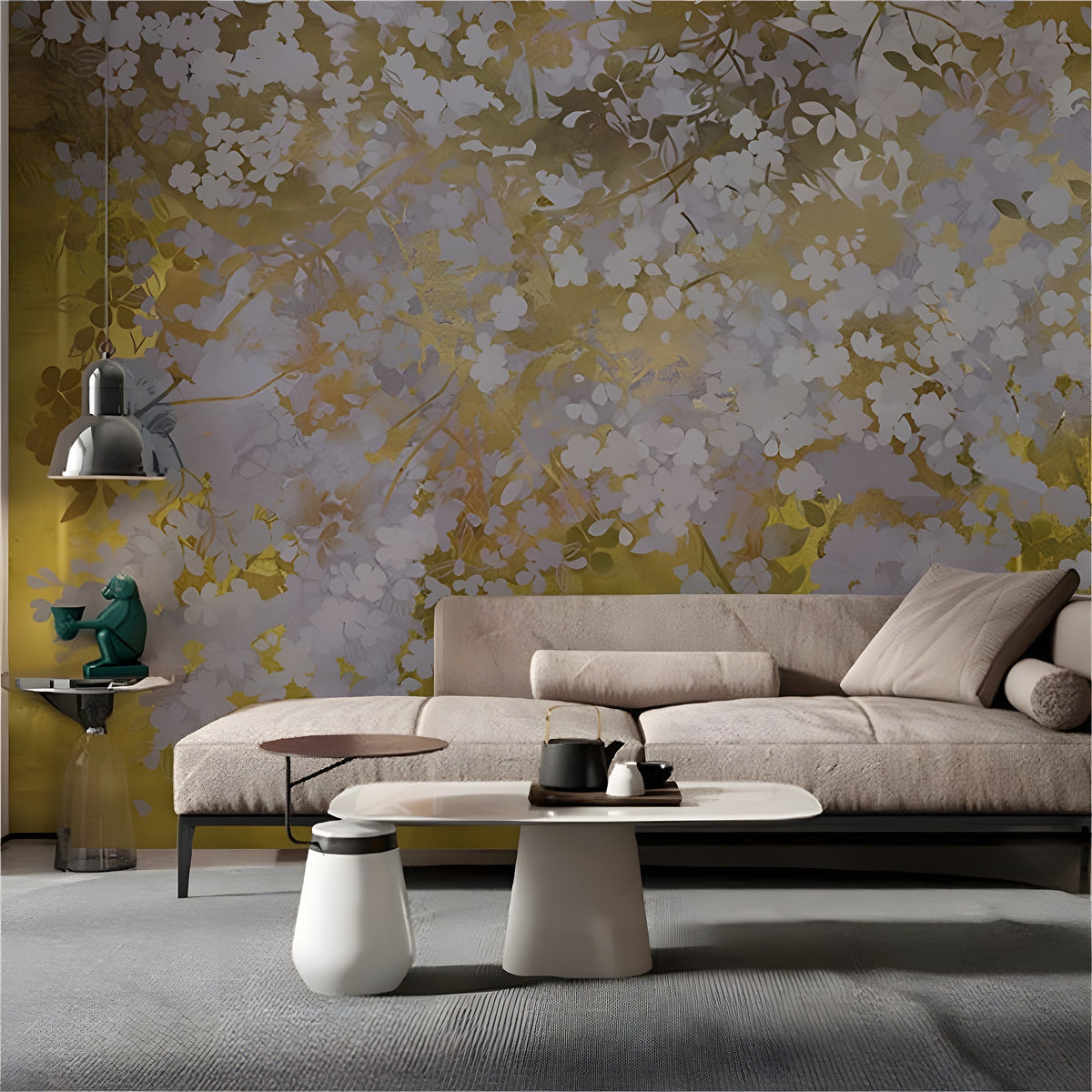 Modern living room with floral wallpaper, beige sofa, and decorative items.
