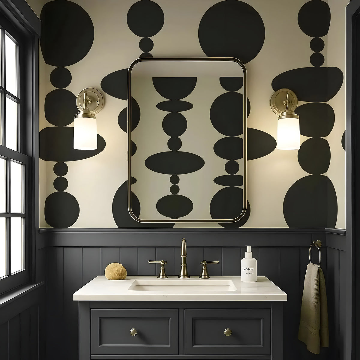 Bathroom with black and white patterned wallpaper, sink, and decorative elements.