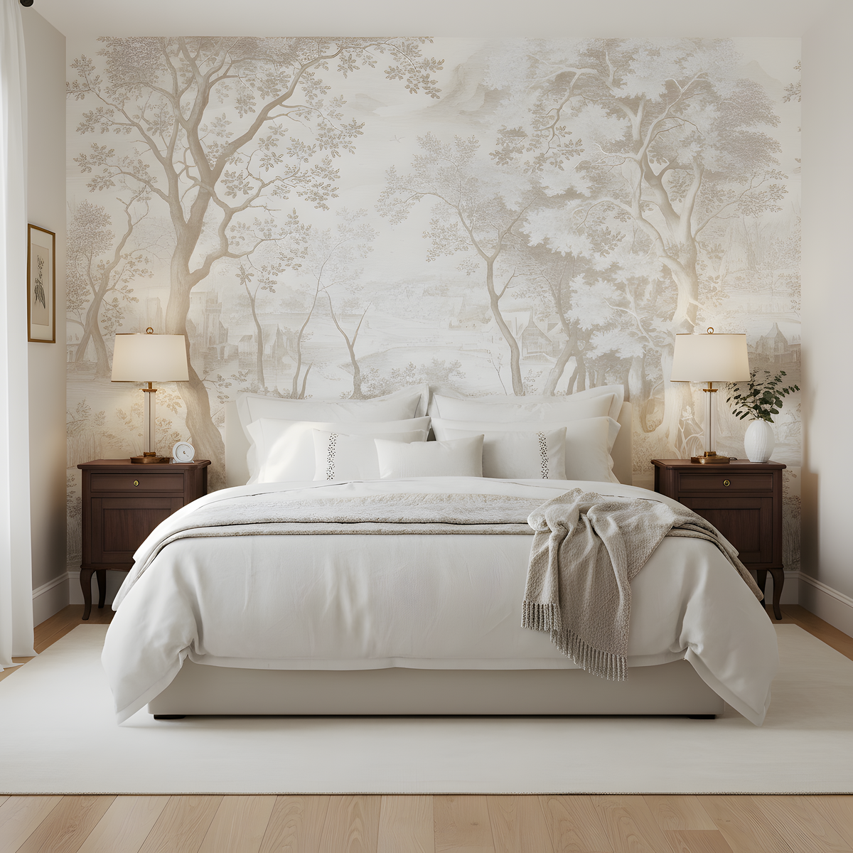 Neatly made bed with white bedding in a bedroom with tree-patterned wallpaper.