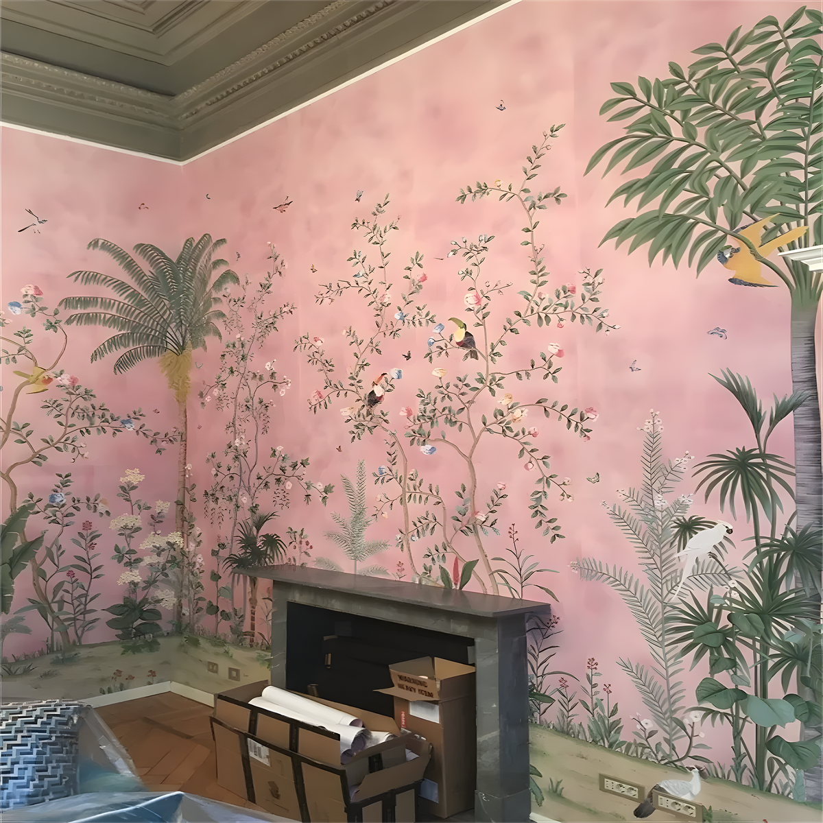 A pink wall mural featuring a tropical jungle scene with palm trees, birds, butterflies, and leafy vines, shown in a room setting with a fireplace and ceiling.