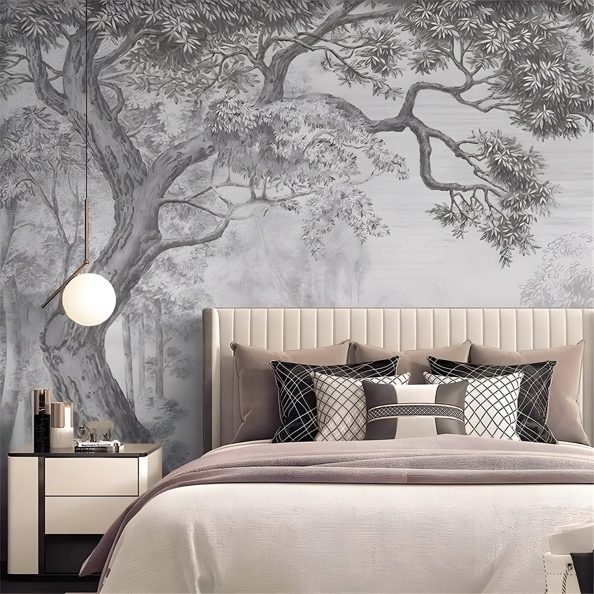 Modern bedroom with large tree mural on the wall