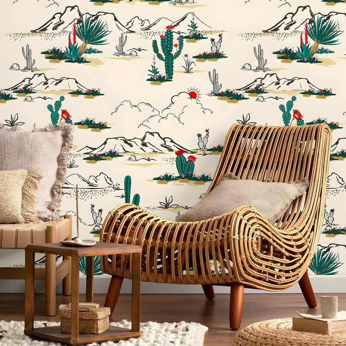 Wicker chair in a room with desert-themed wallpaper