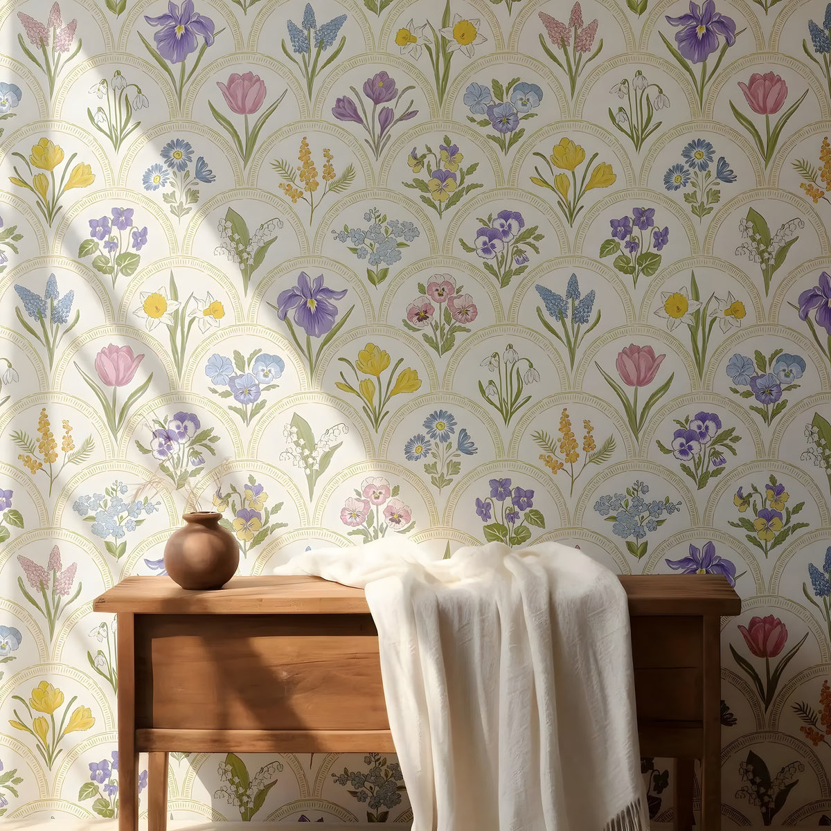 Floral wallpaper with a wooden bench and white blanket