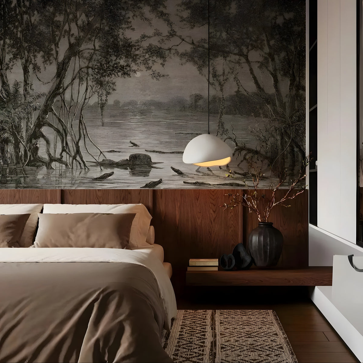 Modern bedroom with a large wall mural of a forest scene.
