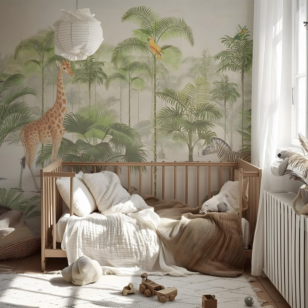 Children's room with wooden crib, jungle-themed wallpaper, and toys.