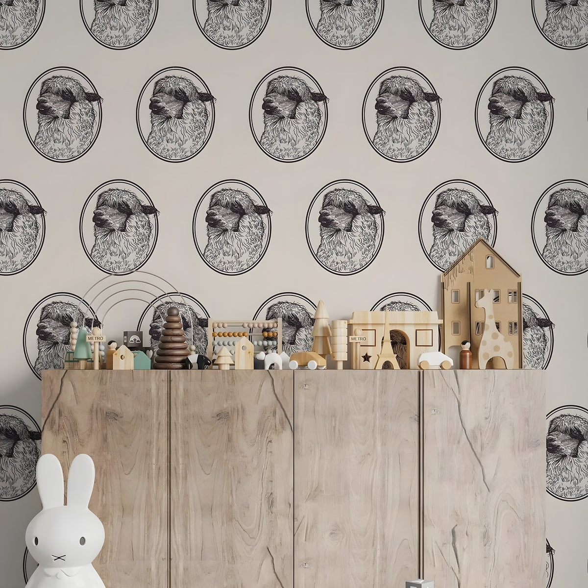 Wooden shelf with toys against a wallpapered wall with animal patterns
