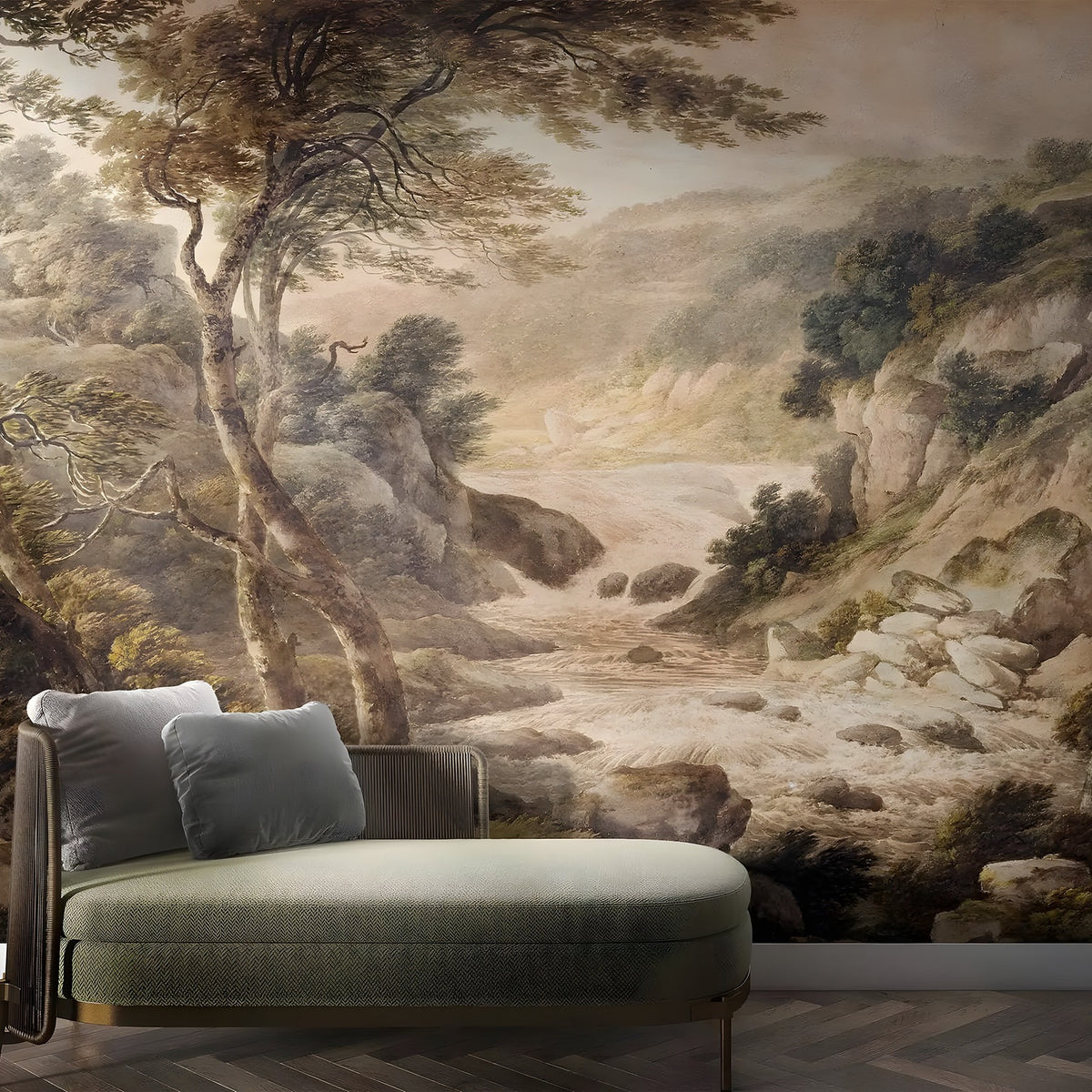 Green sofa in front of a wall mural depicting a landscape with trees and rocks.