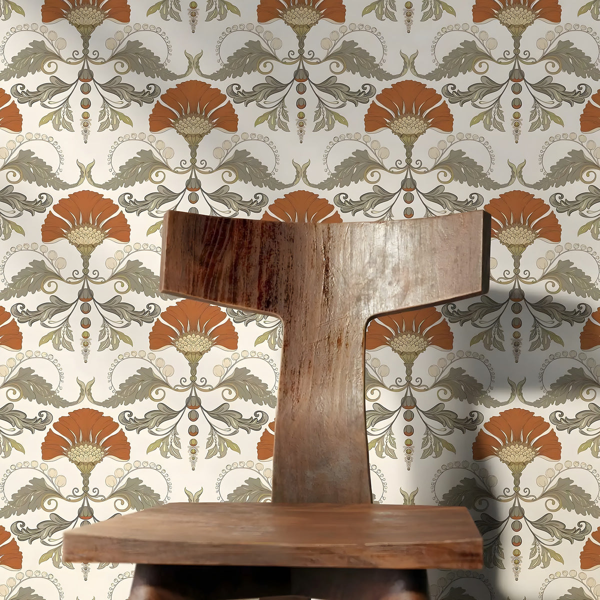 Wooden chair against a patterned wallpaper with geometric designs.