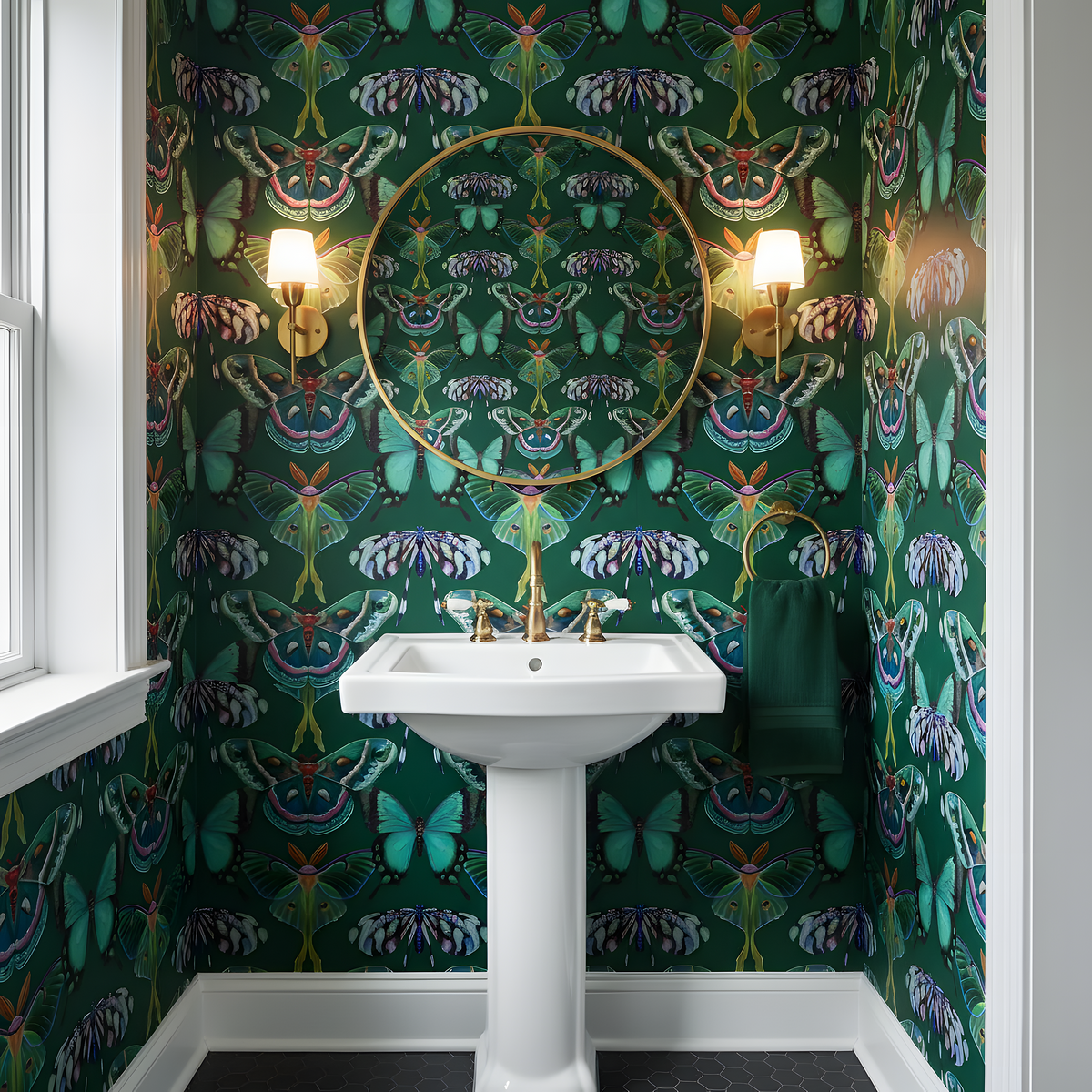 Bathroom with butterfly-patterned wallpaper, white pedestal sink, and gold circular mirror.