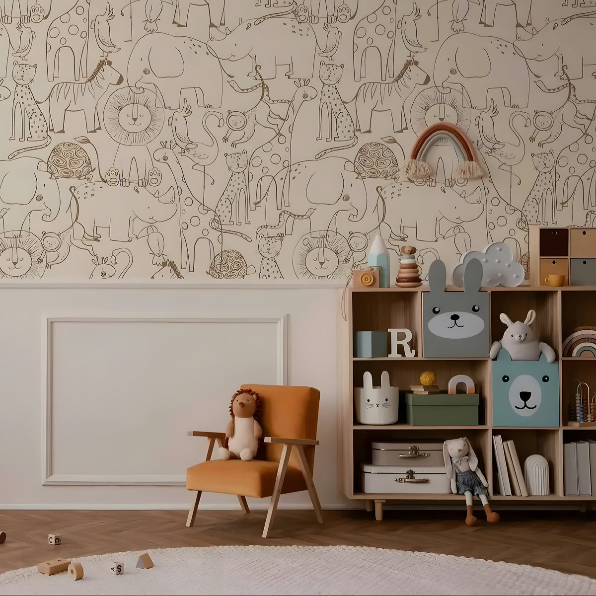 Children's room with animal-themed wallpaper, orange chair, and bookshelf with toys.