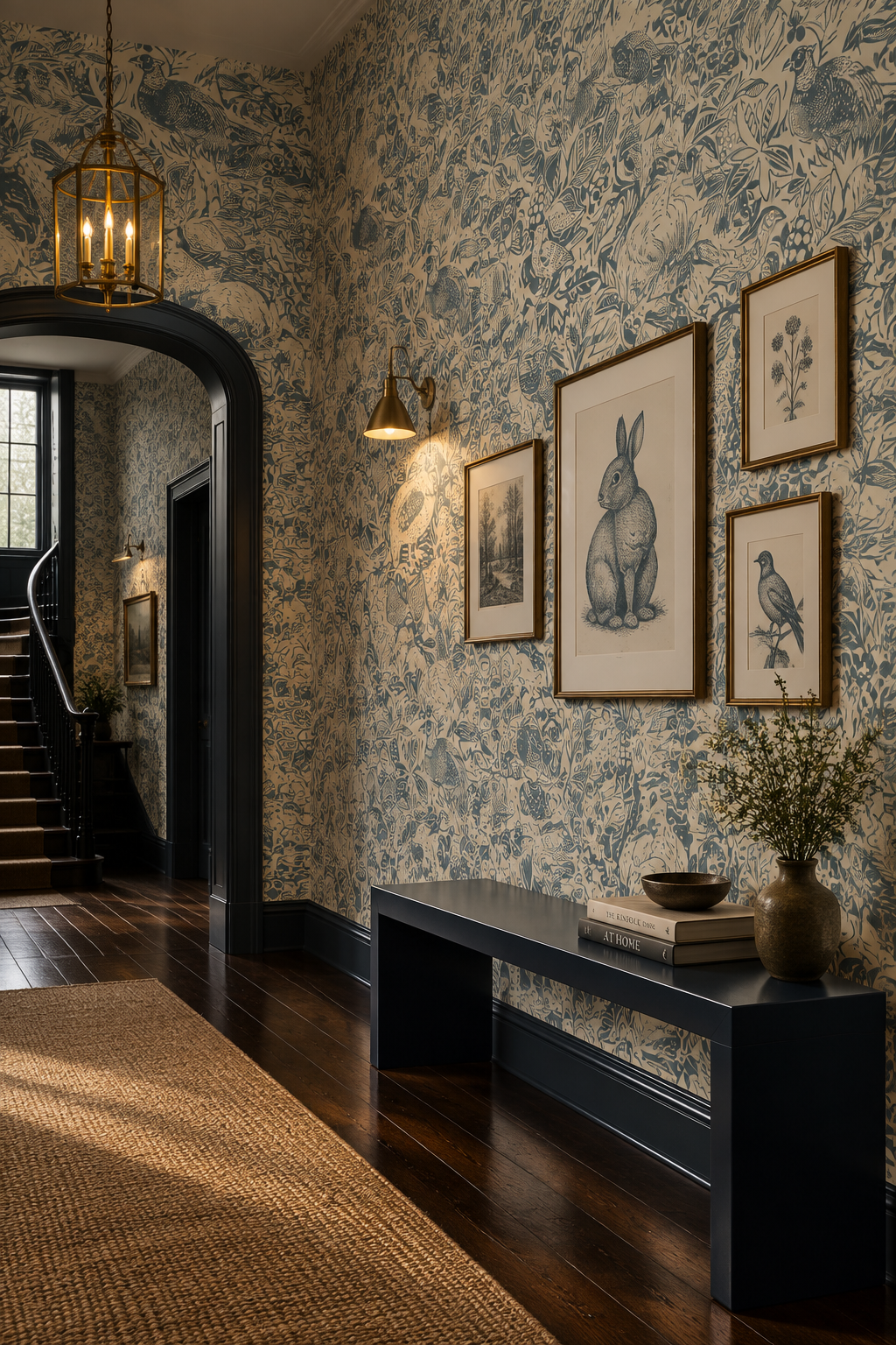 Vintage Blue Rabbit and Fauna Wallpaper