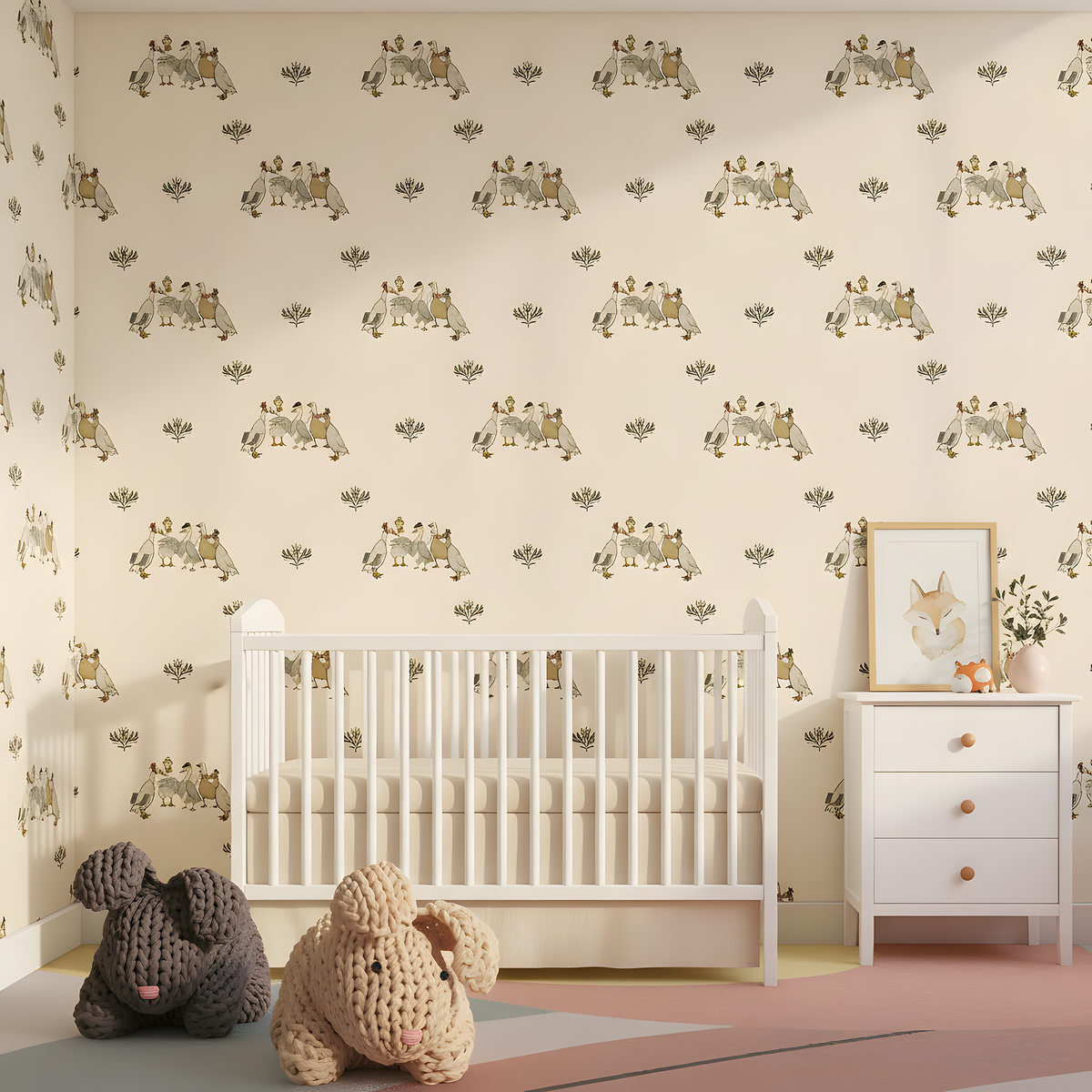 Children's room with crib, toys, and patterned wallpaper