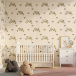Children's room with crib, toys, and patterned wallpaper