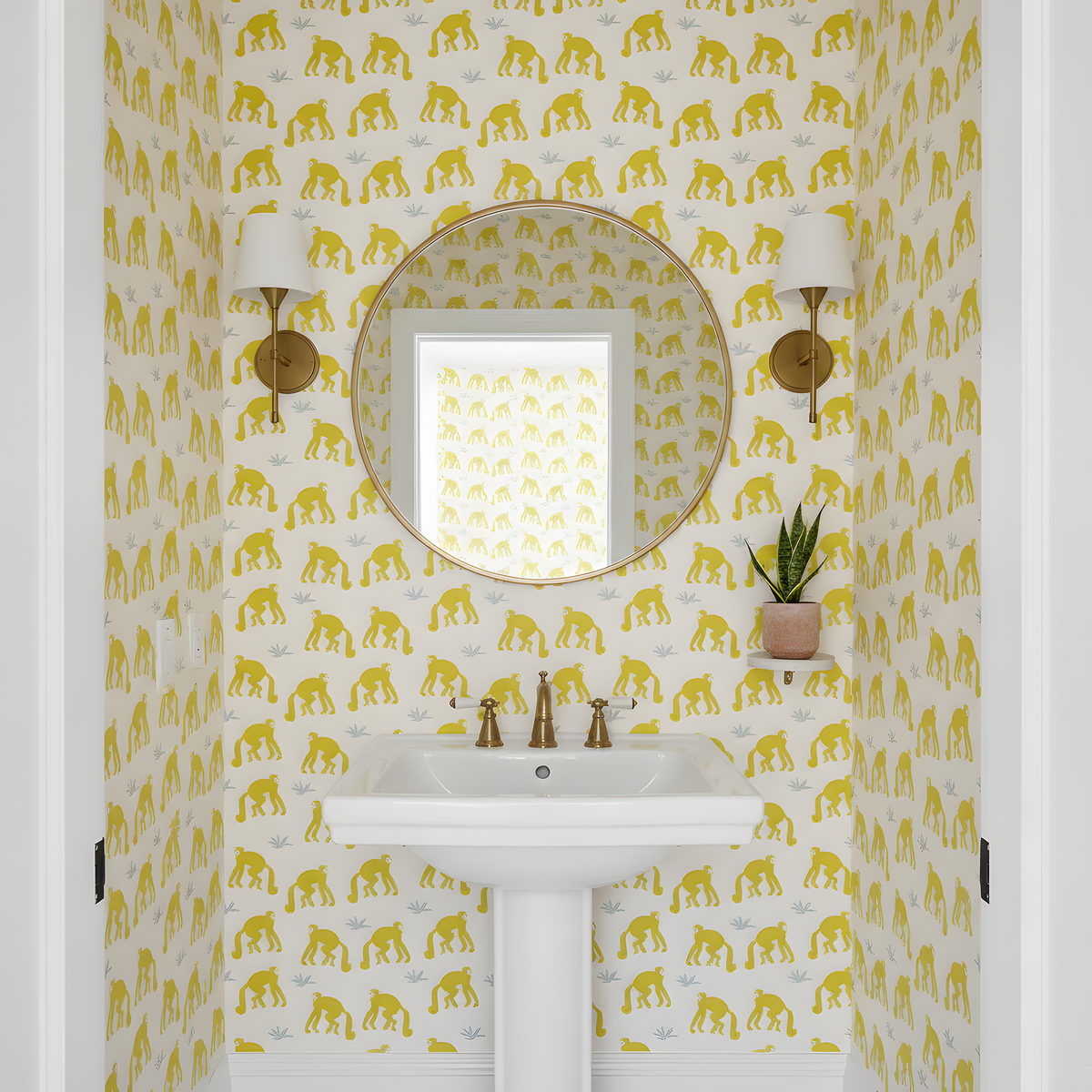 Bathroom with yellow elephant patterned wallpaper, sink, and mirror.