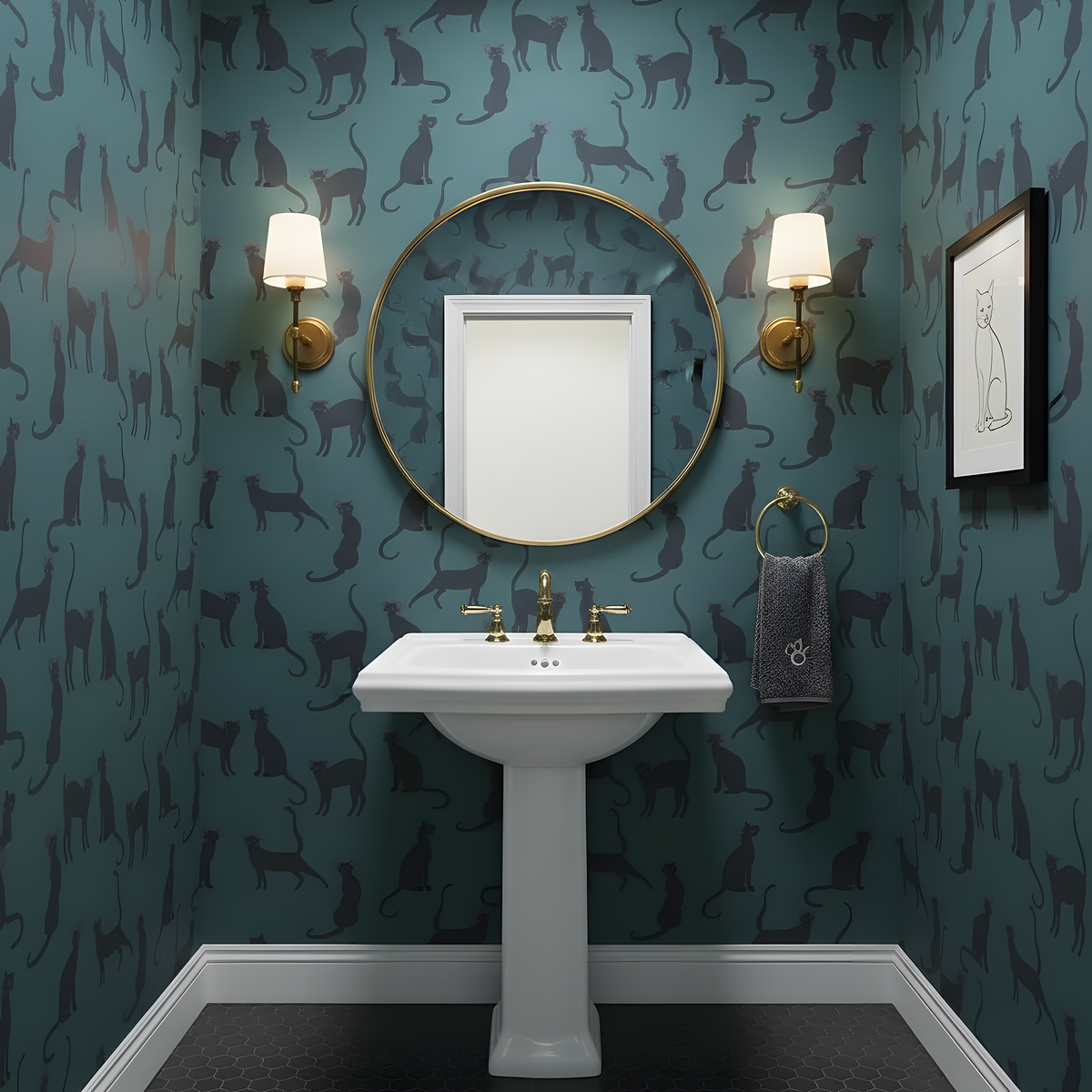 Bathroom with teal walls featuring black cat silhouettes, a white pedestal sink, and decorative elements.