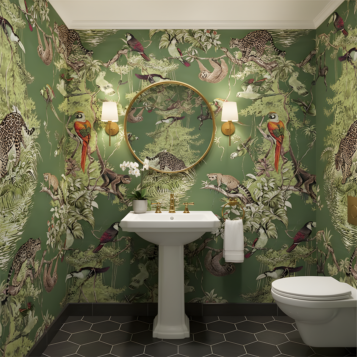 Bathroom with jungle-themed wallpaper, sink, and toilet.