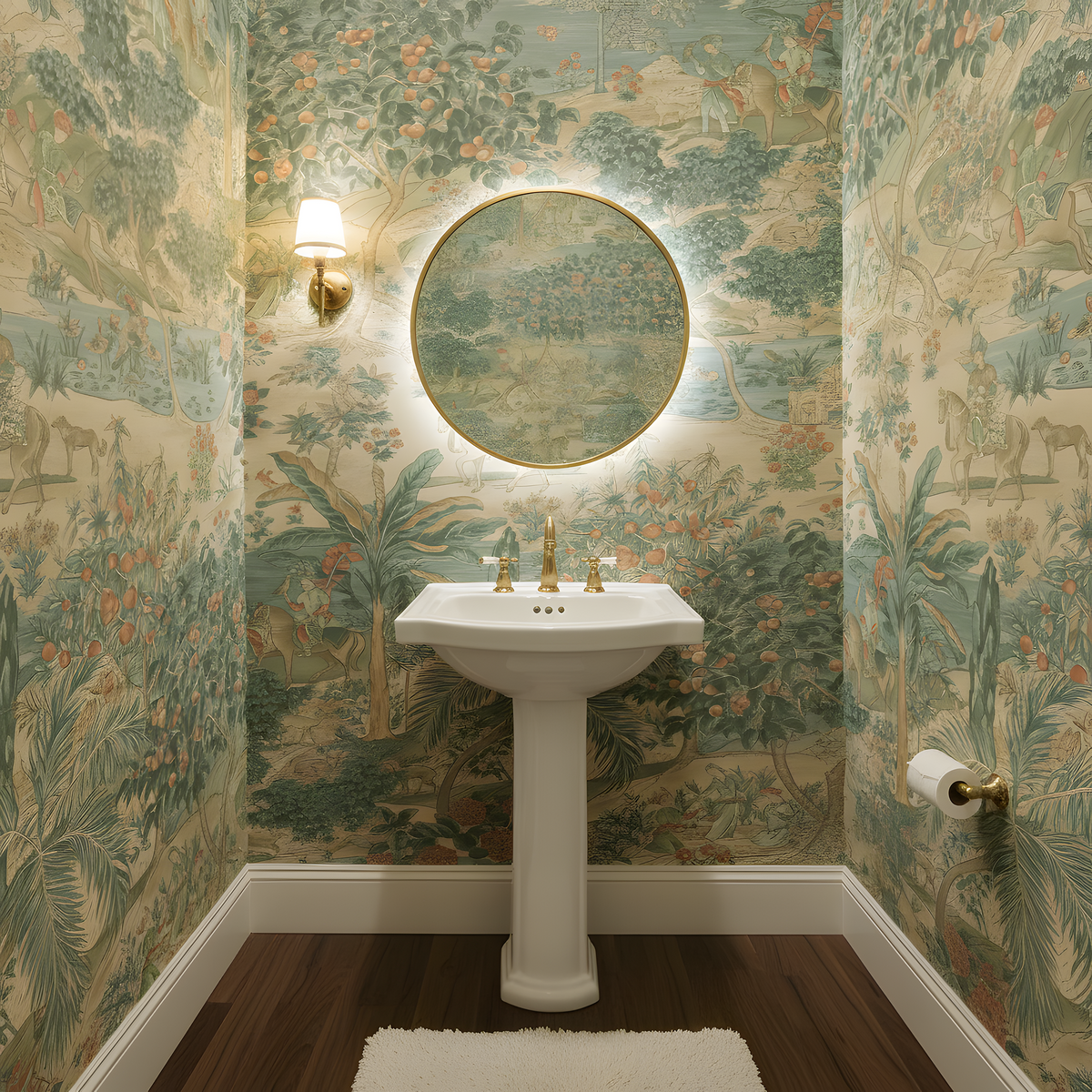 Bathroom with decorative wallpaper, pedestal sink, and round mirror.