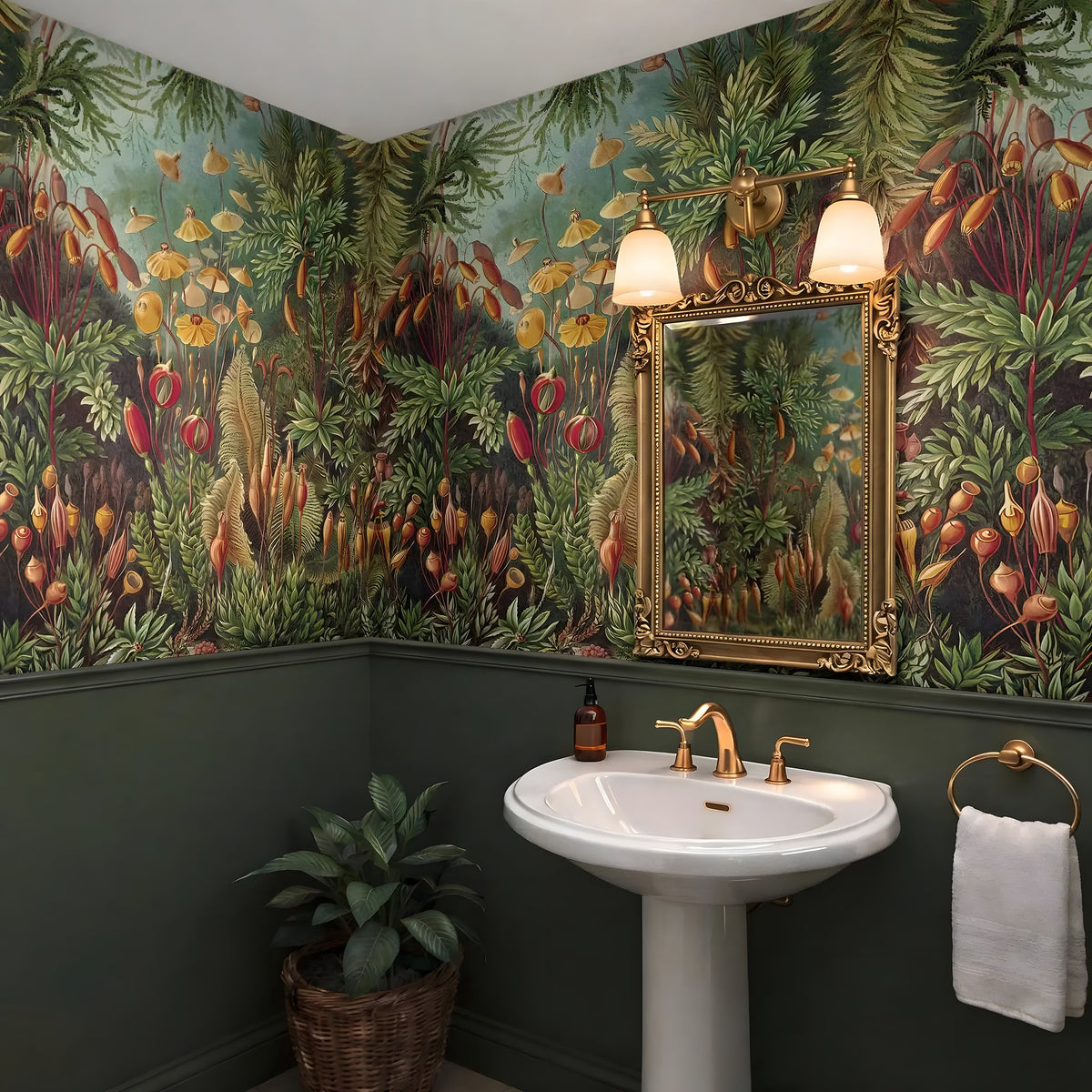 Bathroom with jungle-themed wallpaper, sink, and decorative mirror.