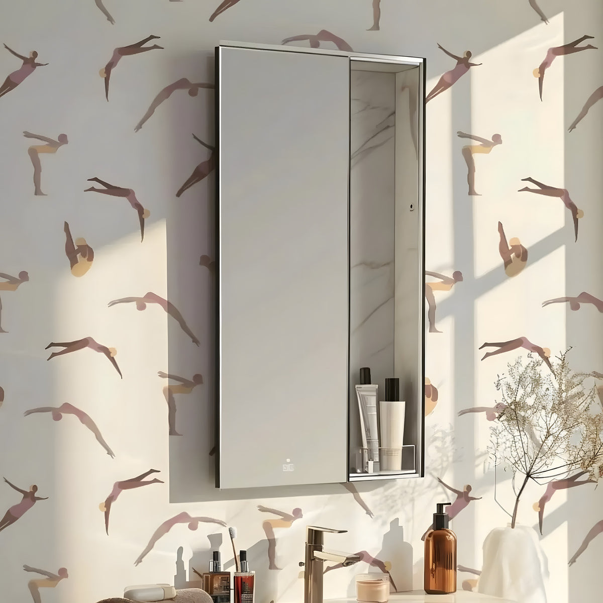 Bathroom setting with a mirror cabinet, toiletries, and decorative elements on a wall with artistic design.